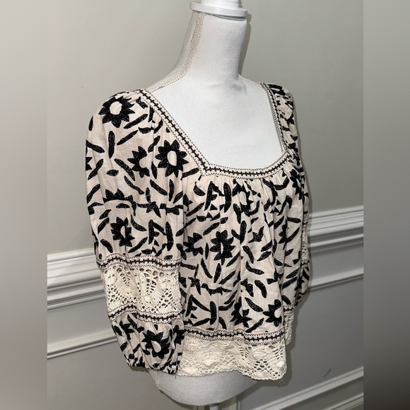 Christian Siriano Boho Linen Blend Crochet Trim Top Sz S - Picture 5 of 10